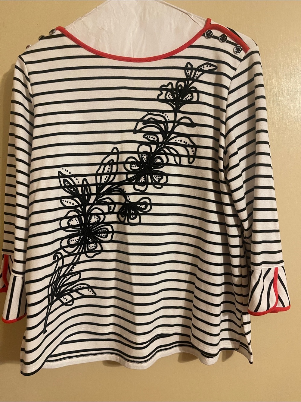 Alfred Dunner Black & White Striped Tunic with Red Trim